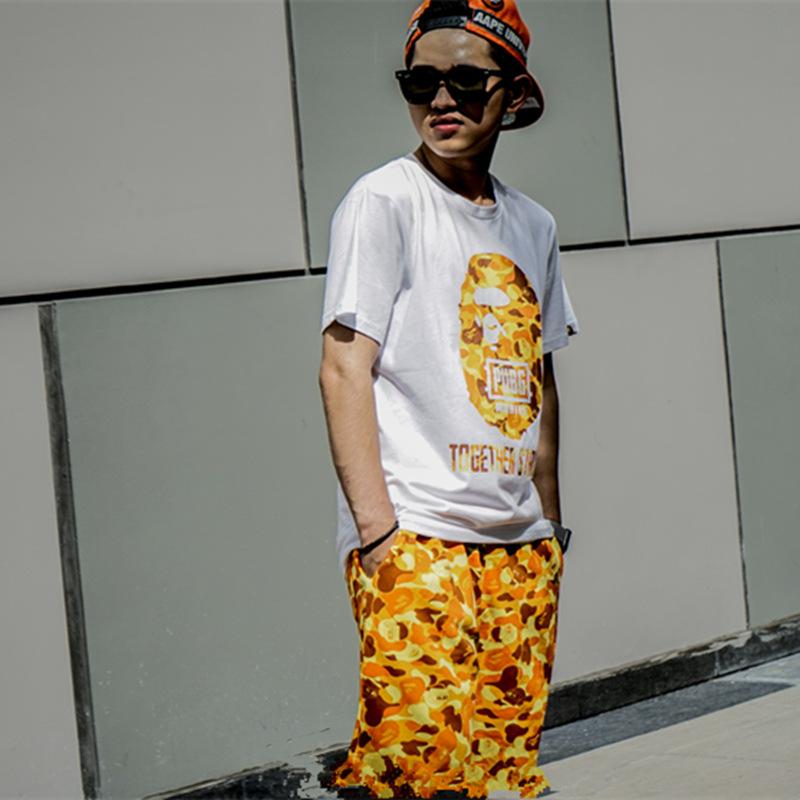 Bathing Ape Shorts Orange Camouflage Cotton Shorts Men Teenagers Student Cropped Shorts