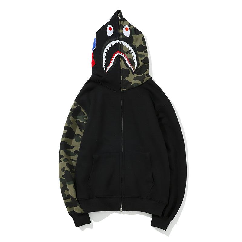 Bathing Ape Hoodie Printed Head Embroidered Green Camouflage Stitching Zipper Sweater Coat Men's Hip Hop