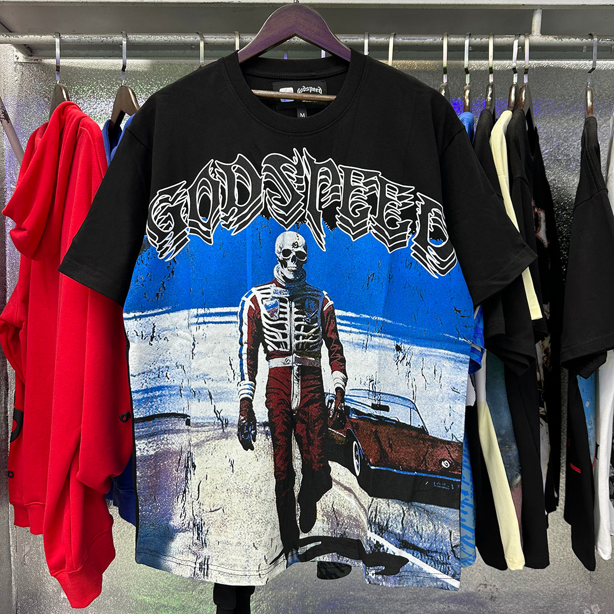 Godspeed T-shirts Sports Car Skull Racer Printed Cotton Casual Short Sleeve Men and Women