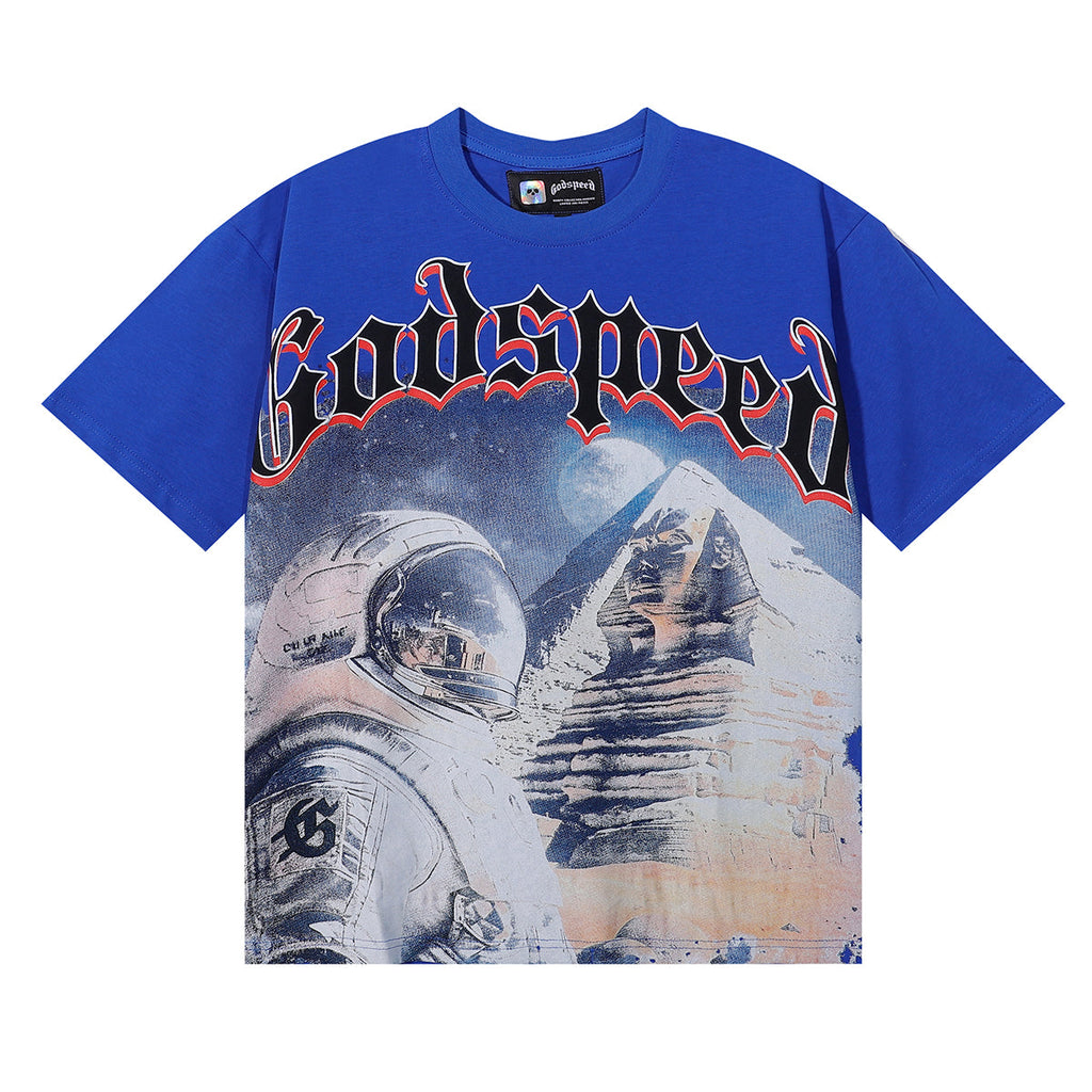 Godspeed T-shirts Spacesuit Pyramid Printing Cotton Casual Crew Neck Short Sleeve Men and Women