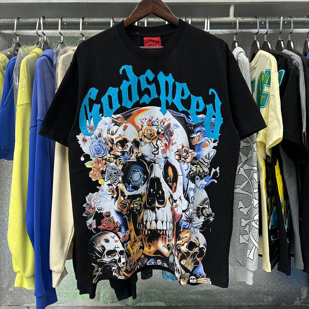 Godspeed T-shirts Skull Rose Printed Cotton Casual Short Sleeve Men and Women
