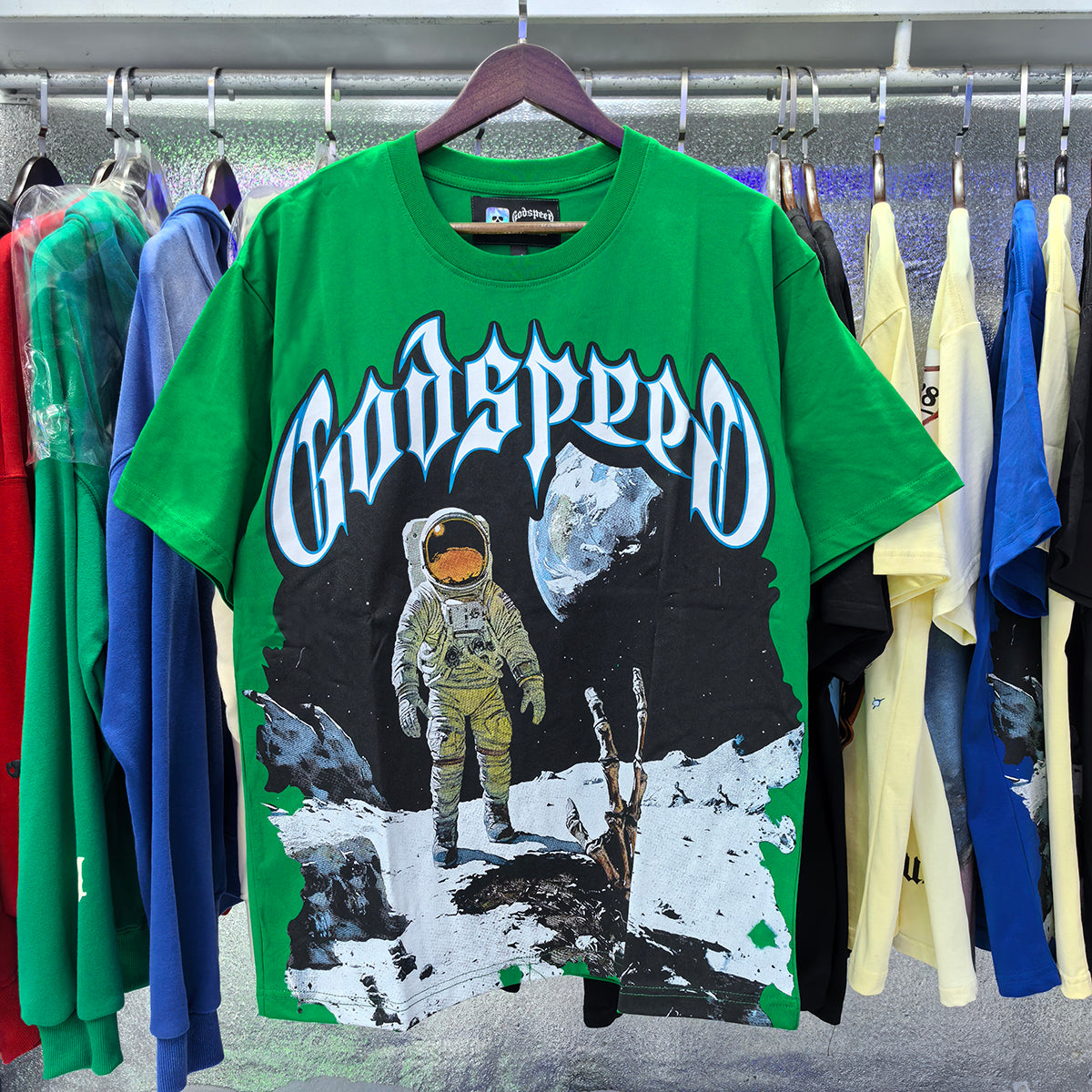 Godspeed T-shirts Astronaut Moon Landing Print Cotton Casual Short Sleeve Men and Women