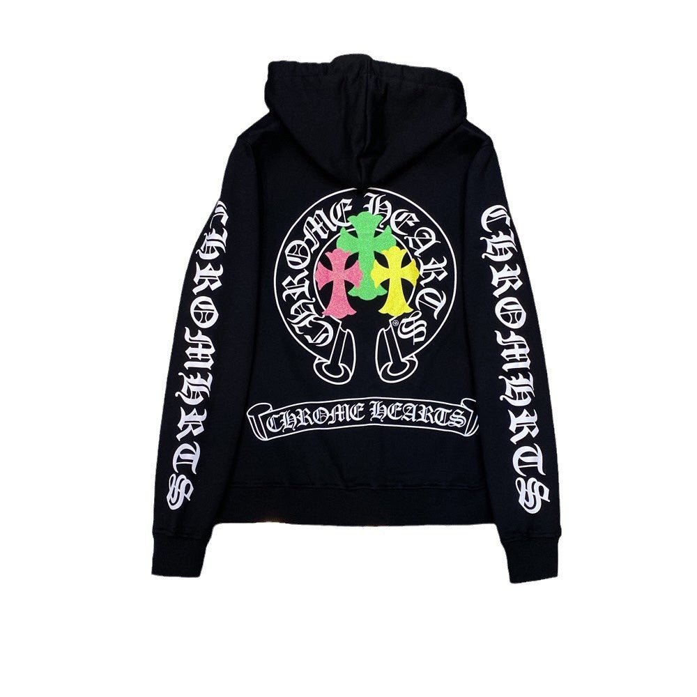 Chrome Heart Hoodie Color Sanskrit Cross Print Casual Hooded Sweater