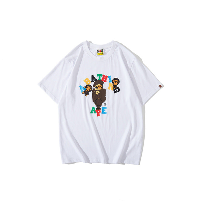 Bathing Ape T-Shirt Summer Casual Loose Large Size Short Sleeve Cartoon Letter Little Monkey T-shirt
