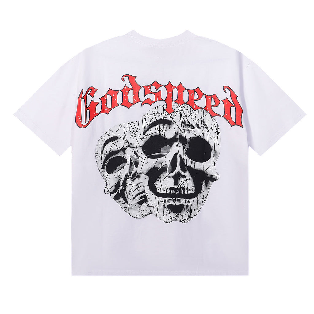 Godspeed T-shirts Double Sided Skull Face Printed Cotton Casual Short Sleeve Men and Women