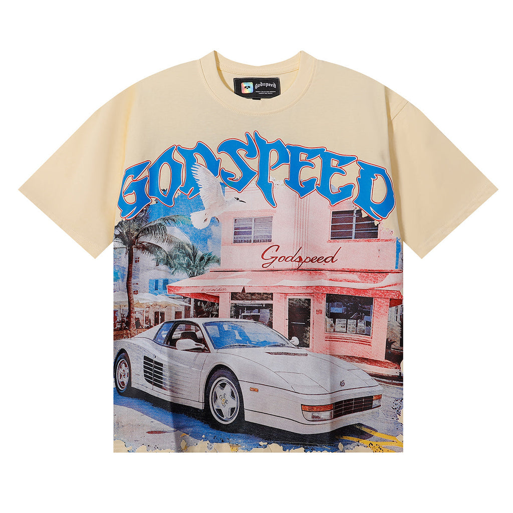 Godspeed T-shirts Convenience Store White Car Printing Cotton Casual Short Sleeve Men's and Women's